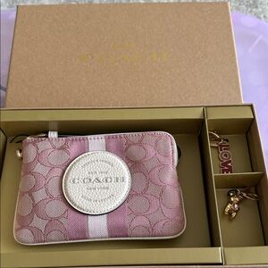 Coach Pink Signature Stripe Wristlet with White Logo Patch